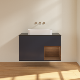 Тумба под раковину Villeroy & Boch Finion 100х50,1 см с подсветкой МДФ темно-синий матовый лак/стекло черное матовое G662GNHG