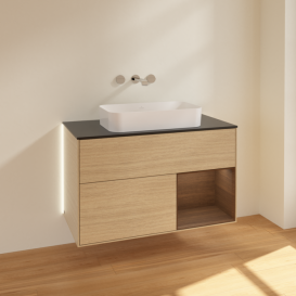 Тумба под раковину Villeroy & Boch Finion 100х50,1 см с подсветкой МДФ шпон дуба/стекло черное матовое G662GNPC