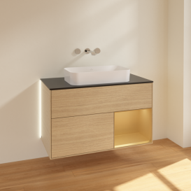 Тумба под раковину Villeroy & Boch Finion 100х50,1 см с подсветкой МДФ шпон дуба/стекло черное матовое G662HFPC