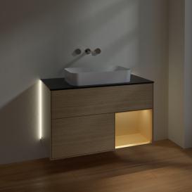 Тумба под раковину Villeroy & Boch Finion 100х50,1 см с подсветкой МДФ шпон дуба/стекло черное матовое G662HFPC