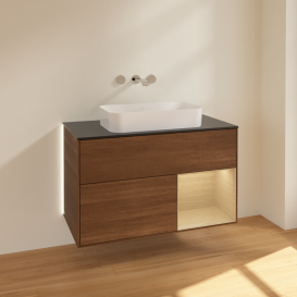 Тумба под раковину Villeroy & Boch Finion 100х50,1 см с подсветкой МДФ шпон грецкого ореха/стекло черное матовое G662PCGN