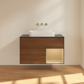 Тумба под раковину Villeroy & Boch Finion 100х50,1 см с подсветкой МДФ шпон грецкого ореха/стекло черное матовое G662PCGN