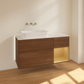 Тумба под раковину Villeroy & Boch Finion 120х50,1 см с подсветкой МДФ шпон грецкого ореха/стекло белое матовое G691HFGN