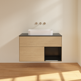 Тумба под раковину Villeroy & Boch Finion 100х50,1 см с подсветкой МДФ шпон дуба/стекло черное матовое G662PDPC