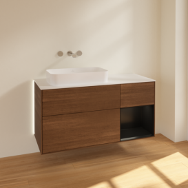 Тумба під раковину Villeroy & Boch Finion 120х50,1 см із підсвічуванням МДФ шпон волоського горіха/скло біле матове G691PDGN