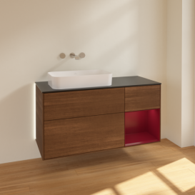 Тумба під раковину Villeroy & Boch Finion 120х50,1 см з підсвічуванням МДФ шпон волоського горіха/скло чорне матове G692HBGN