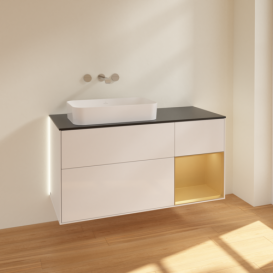 Тумба под раковину Villeroy & Boch Finion 120х50,1 см с подсветкой МДФ глянцевый белый лак/стекло черное матовое G692HFGF