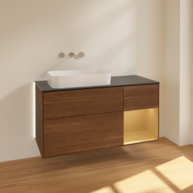 Тумба под раковину Villeroy & Boch Finion 120х50,1 см с подсветкой МДФ шпон грецкого ореха/стекло черное матовое G692HFGN