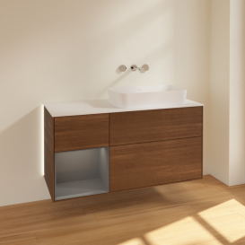 Тумба под раковину Villeroy & Boch Finion 120х50,1 см с подсветкой МДФ шпон грецкого ореха/стекло белое матовое G681GKGN