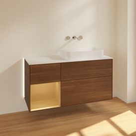 Тумба под раковину Villeroy & Boch Finion 120х50,1 см с подсветкой МДФ шпон грецкого ореха/стекло белое матовое G681HFGN