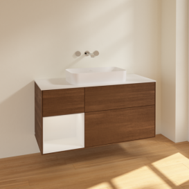 Тумба под раковину Villeroy & Boch Finion 120х50,1 см с подсветкой МДФ шпон грецкого ореха/стекло белое матовое F701GFGN