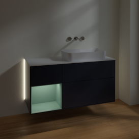 Тумба під раковину Villeroy & Boch Finion 120х50,1 см з підсвічуванням темно-синй матовий лак/скло біле матове G681GMHG