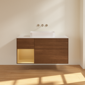 Тумба под раковину Villeroy & Boch Finion 120х50,1 см с подсветкой МДФ шпон грецкого ореха/стекло белое матовое F701HFGN