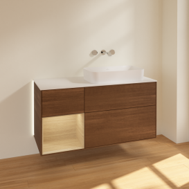 Тумба под раковину Villeroy & Boch Finion 120х50,1 см с подсветкой МДФ шпон грецкого ореха/стекло белое матовое G681PCGN