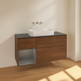 Тумба под раковину Villeroy & Boch Finion 120х50,1 см с подсветкой МДФ шпон грецкого ореха/стекло черное матовое FF702GKGN