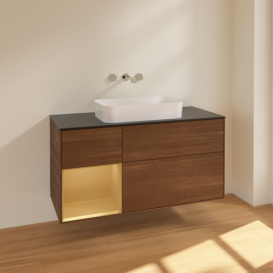 Тумба под раковину Villeroy & Boch Finion 120х50,1 см с подсветкой МДФ шпон грецкого ореха/стекло черное матовое F702HFGN
