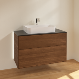 Тумба под раковину Villeroy & Boch Finion 100х50,1 см с подсветкой ДСП шпон грецкого ореха/стекло черное матовое G35200GN