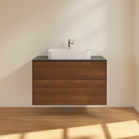 Тумба под раковину Villeroy & Boch Finion 100х50,1 см с подсветкой ДСП шпон грецкого ореха/стекло черное матовое G35200GN