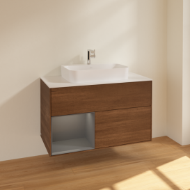 Тумба под раковину Villeroy & Boch Finion 100х50,1 см с подсветкой МДФ шпон грецкого ореха/стекло белое матовое F361GKGN