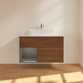 Тумба под раковину Villeroy & Boch Finion 100х50,1 см с подсветкой МДФ шпон грецкого ореха/стекло белое матовое F361GKGN