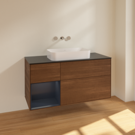 Тумба под раковину Villeroy & Boch Finion 120х50,1 см с подсветкой МДФ шпон грецкого ореха/стекло черное матовое F702HGGN