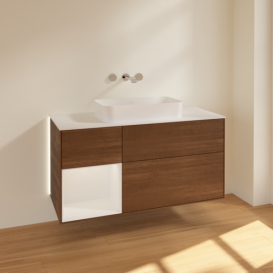 Тумба под раковину Villeroy & Boch Finion 120х50,1 см с подсветкой МДФ шпон грецкого ореха/стекло белое матовое G701GFGN