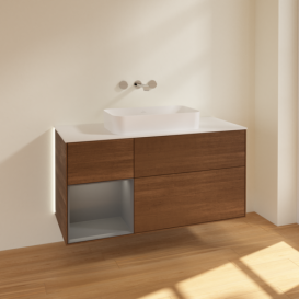 Тумба под раковину Villeroy & Boch Finion 120х50,1 см с подсветкой МДФ шпон грецкого ореха/стекло белое матовое G701GKGN