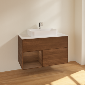 Тумба под раковину Villeroy & Boch Finion 100х50,1 см с подсветкой МДФ шпон грецкого ореха/стекло белое матовое F361GNGN