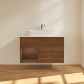 Тумба под раковину Villeroy & Boch Finion 100х50,1 см с подсветкой МДФ шпон грецкого ореха/стекло белое матовое F361GNGN