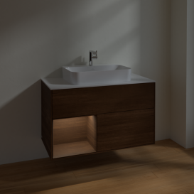 Тумба под раковину Villeroy & Boch Finion 100х50,1 см с подсветкой МДФ шпон грецкого ореха/стекло белое матовое F361GNGN