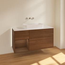 Тумба под раковину Villeroy & Boch Finion 120х50,1 см с подсветкой МДФ шпон грецкого ореха/стекло белое матовое G701GNGN