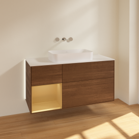 Тумба под раковину Villeroy & Boch Finion 120х50,1 см с подсветкой МДФ шпон грецкого ореха/стекло белое матовое G701HFGN