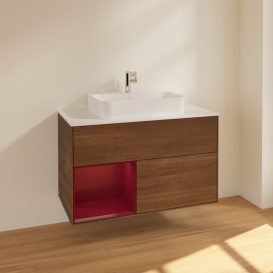 Тумба под раковину Villeroy & Boch Finion 100х50,1 см с подсветкой МДФ шпон грецкого ореха/стекло белое матовое F361HBGN