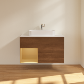 Тумба под раковину Villeroy & Boch Finion 100х50,1 см с подсветкой МДФ шпон грецкого ореха/стекло белое матовое F361HFGN