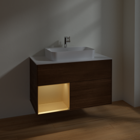 Тумба под раковину Villeroy & Boch Finion 100х50,1 см с подсветкой МДФ шпон грецкого ореха/стекло белое матовое F361HFGN