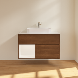 Тумба под раковину Villeroy & Boch Finion 100х50,1 см с подсветкой МДФ шпон грецкого ореха/стекло белое матовое F361MTGN