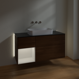 Тумба под раковину Villeroy & Boch Finion 120х50,1 см с подсветкой МДФ шпон грецкого ореха/стекло черное матовое G702GFGN