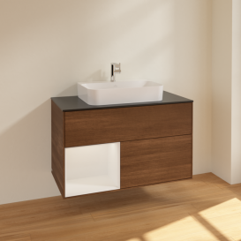 Тумба під раковину Villeroy & Boch Finion 100х50,1 см із підсвічуванням МДФ шпон волоського горіха/скло чорне матове F362GFGN