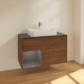 Тумба под раковину Villeroy & Boch Finion 100х50,1 см с подсветкой МДФ шпон грецкого ореха/стекло черное матовое F362GKGN