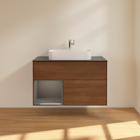 Тумба под раковину Villeroy & Boch Finion 100х50,1 см с подсветкой МДФ шпон грецкого ореха/стекло черное матовое F362GKGN