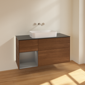 Тумба под раковину Villeroy & Boch Finion 120х50,1 см с подсветкой МДФ шпон грецкого ореха/стекло черное матовое G702GKGN