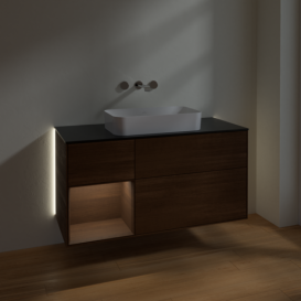 Тумба под раковину Villeroy & Boch Finion 120х50,1 см с подсветкой МДФ шпон грецкого ореха/стекло черное матовое G702GNGN