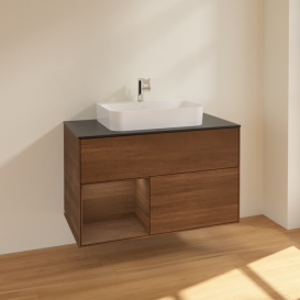 Тумба под раковину Villeroy & Boch Finion 100х50,1 см с подсветкой МДФ шпон грецкого ореха/стекло черное матовое F362GNGN