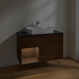 Тумба под раковину Villeroy & Boch Finion 100х50,1 см с подсветкой МДФ шпон грецкого ореха/стекло черное матовое F362GNGN