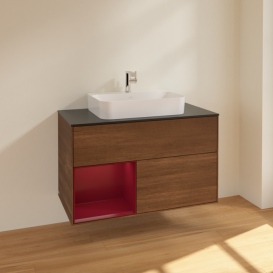 Тумба під раковину Villeroy & Boch Finion 100х50,1 см із підсвічуванням МДФ шпон волоського горіха/скло чорне матове F362HBGN