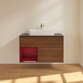 Тумба под раковину Villeroy & Boch Finion 100х50,1 см с подсветкой МДФ шпон грецкого ореха/стекло черное матовое F362HBGN