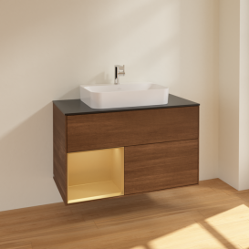 Тумба под раковину Villeroy & Boch Finion 100х50,1 см с подсветкой МДФ шпон грецкого ореха/стекло черное матовое F362HFGN