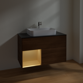 Тумба под раковину Villeroy & Boch Finion 100х50,1 см с подсветкой МДФ шпон грецкого ореха/стекло черное матовое F362HFGN