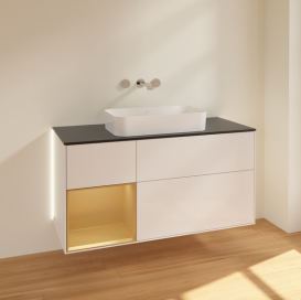 Тумба под раковину Villeroy & Boch Finion 120х50,1 см с подсветкой МДФ глянцевый белый лак/стекло черное матовое G702HFGF