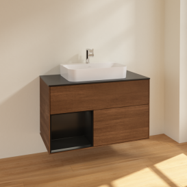 Тумба под раковину Villeroy & Boch Finion 100х50,1 см с подсветкой МДФ шпон грецкого ореха/стекло черное матовое F362PDGN